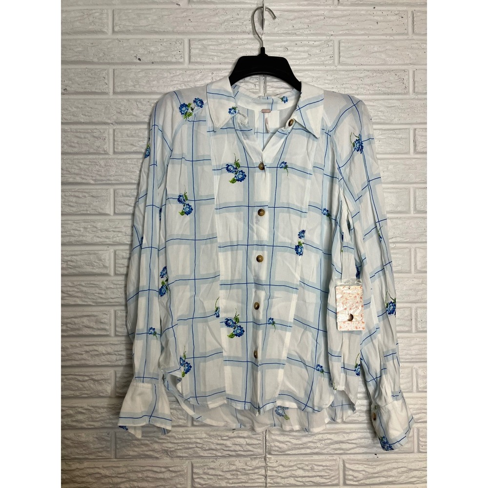 Free People window to my heart blue & white floral button down shirt Women's XS - Picture 5 of 11